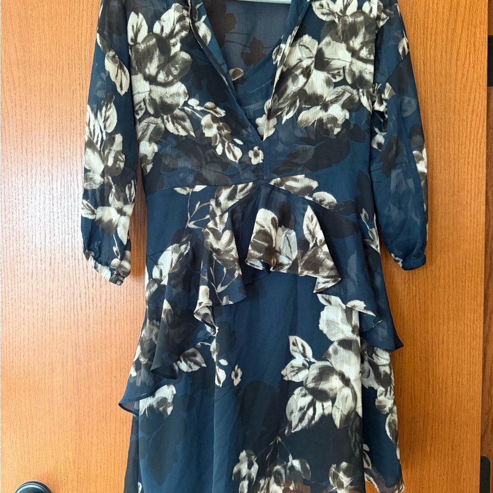 RACHEL Rachel Roy Asymmetrical Dress in Black and Cream Floral